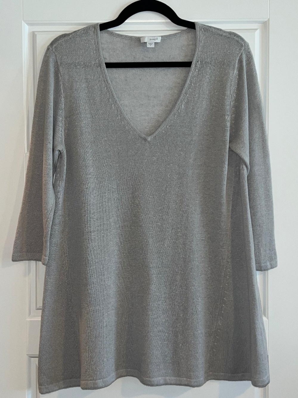 Pure J.Jill Heather Gray Linen Blend V-Neck Knit 3/4 Sleeve Tunic Sweater Size S